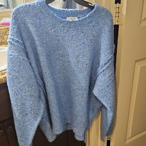 Olivia Grey Speckled Heavy Oversized Size L Blue Crew Neck Sweater Nwot